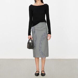 CHICJOC Ostrich Feather Beaded Wool Skirt size 40 in grey